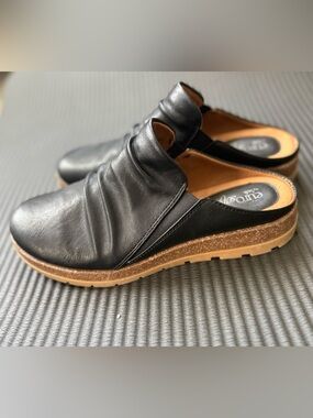 Black Leather Slip-On Mule with Cork-Style Midsole